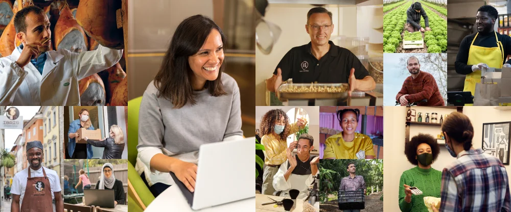 A collage of different business owners going about their work, from a digital native sitting at a laptop to a chef, a hairdresser and a butcher hanging meat