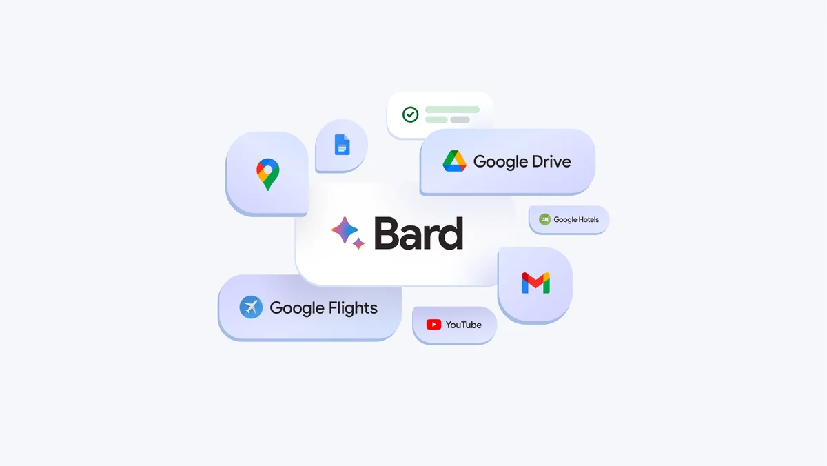 Bąbelki tekstowe różnej wielkości z różnymi izotypami i logo marek Google, w tym: Bard, Dysk Google, Gmail, YouTube, Loty Google, Mapy Google i Dokumenty Google.