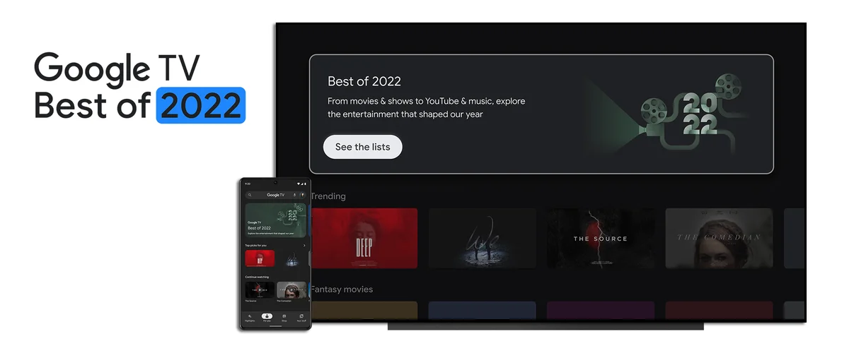 A television and mobile device with Google TV promoting the Best of 2022 lists