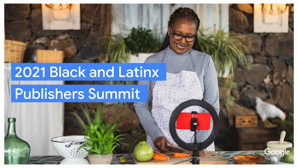 A woman wearing an apron is smiling and cutting vegetables at a kitchen counter while filming herself on a phone on a tripod. The text “2021 Black and Latinx Publishers Summit” overlays the image.