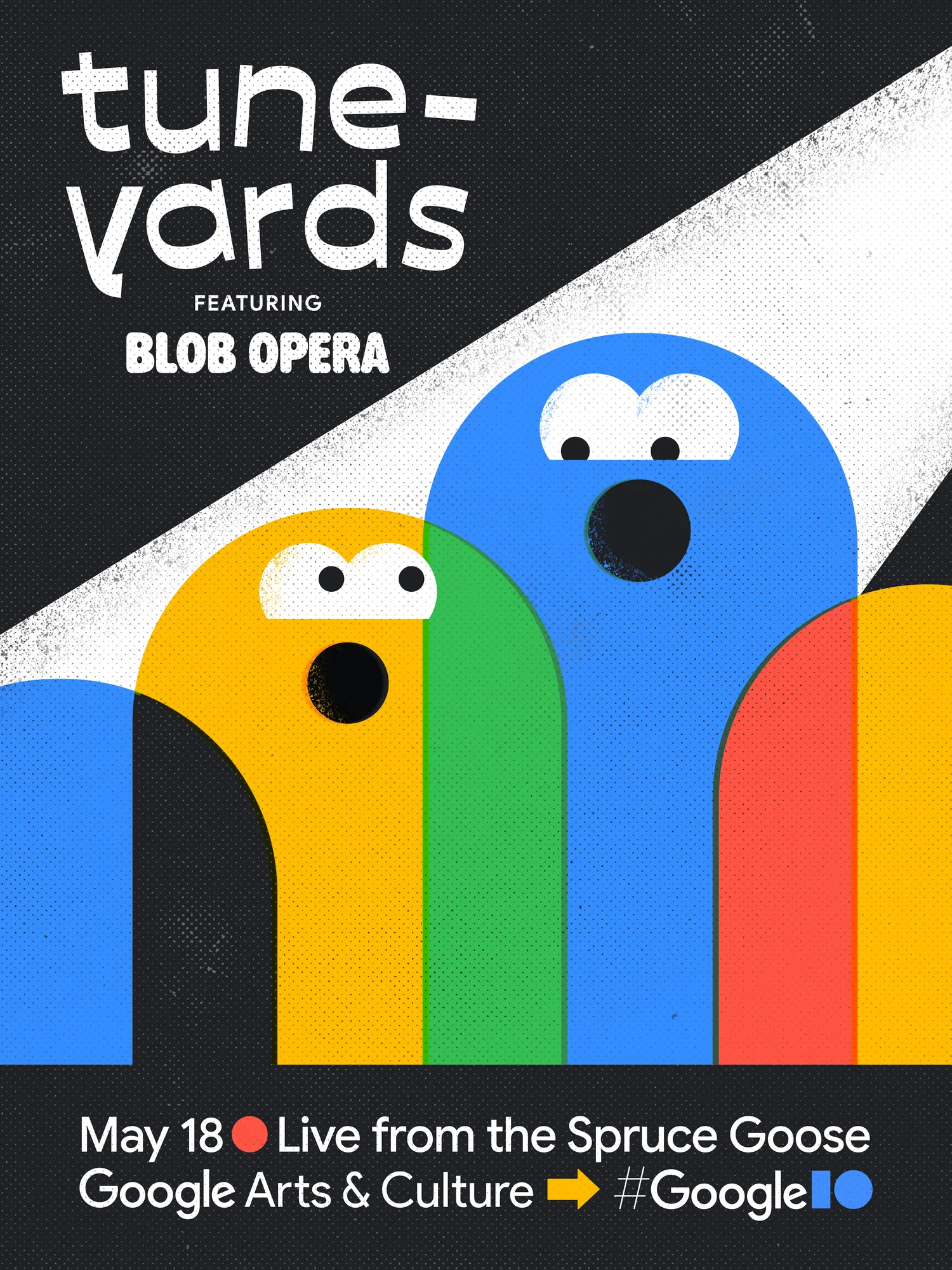 A poster showing 2 blobs and text fields announcing the performance at Google I/O