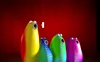 4 colorful blobs singing in front of a red curtain
