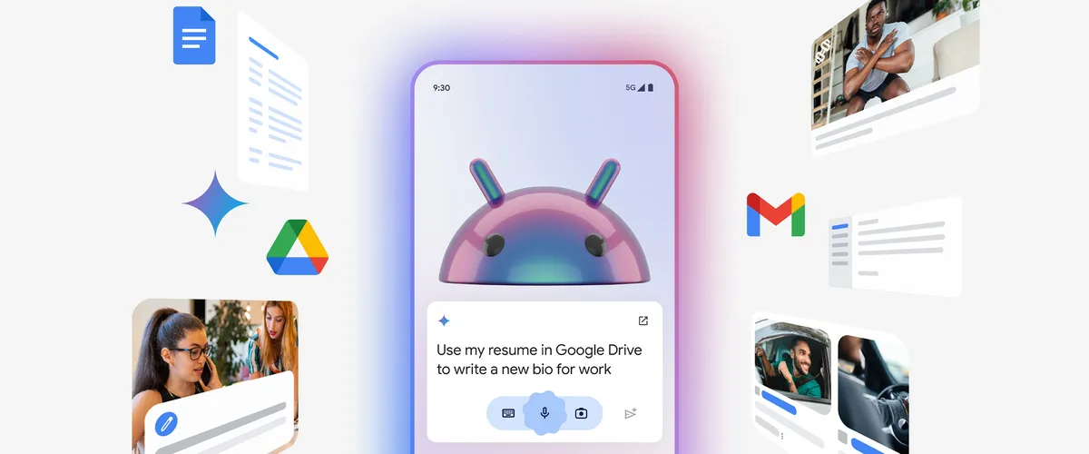 Un téléphone Android avec la superposition Gemini affiche une requête « Utiliser mon CV dans Google Drive pour rédiger une nouvelle biographie pour le travail ».