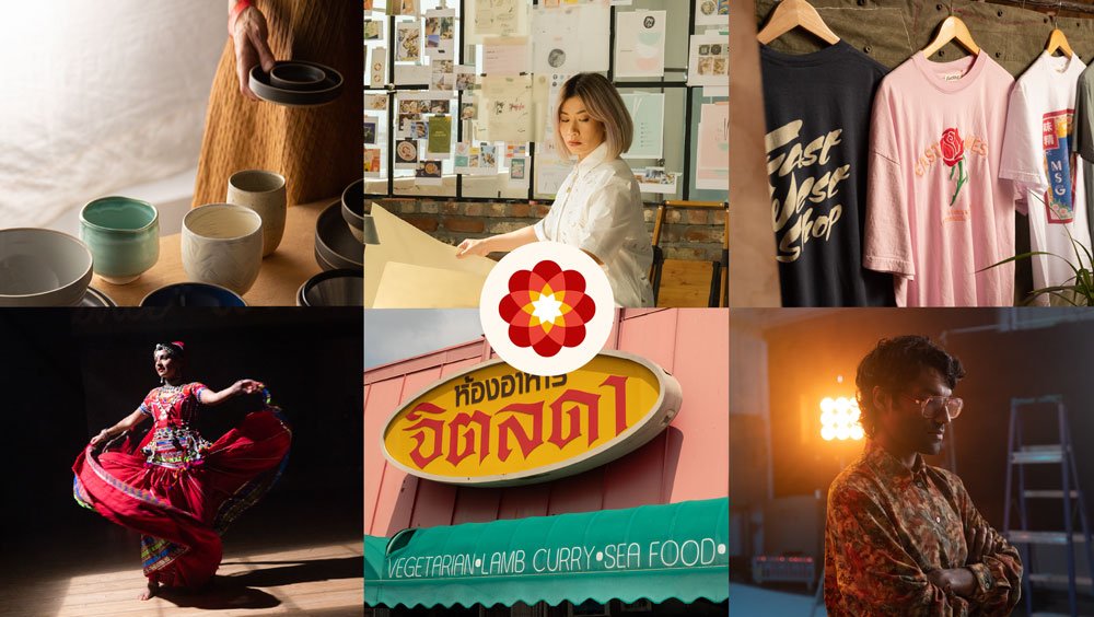 A collage of 6 Asian-owned businesses, 3 on the top and 3 on the bottom with the Asian-owned attribute icon in the middle, a circular design with a red and yellow intertwining flower at its’ core. The top row of 3 (from left to right) include: pottery cups and plates on a table with Tortoise General Store owner holding 2 small dishes in the background, Good Hause Marketing Agency Business owner working, holding a marketing design poster board, and 3 t-shirts (black, pink, and white) hanging in East / West Shop. The bottom row of 3 (from left to right) include: the owner of Bollypop in red traditional dress from India twirling, the storefront of Jitlada restaurant, and the owner of Peru Films facing towards the right, looking down, and crossing his arms.