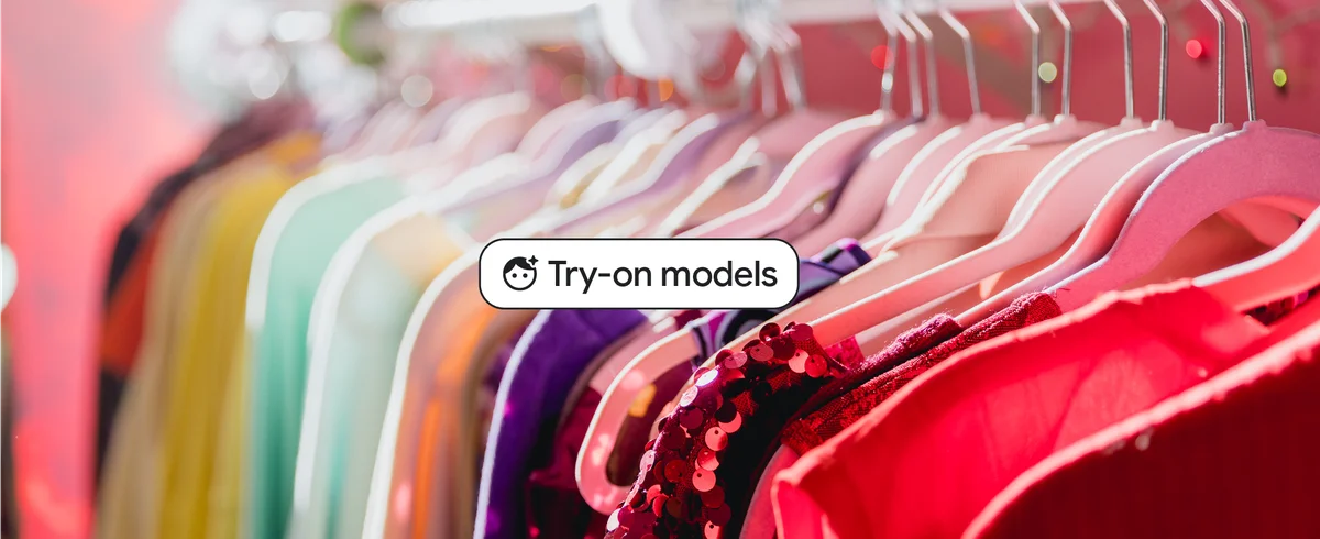 Several pieces of colorful clothing hang on a rack. An icon overlaid says “try-on models.”