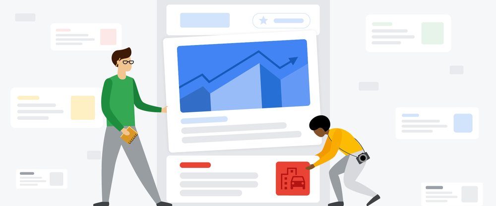 An illustrated image showing two people moving around different News Showcase panels to demonstrate how journalists are able to create content in the product.
