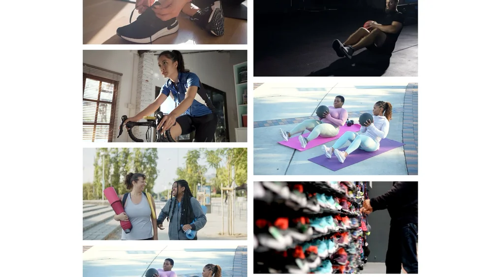 An image with multiple versions of fitness apparel video ads
