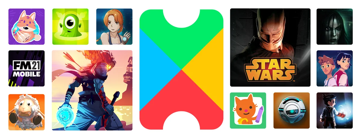 Icons from several games included on Google Play, with the Google Play Pass logo in the center.