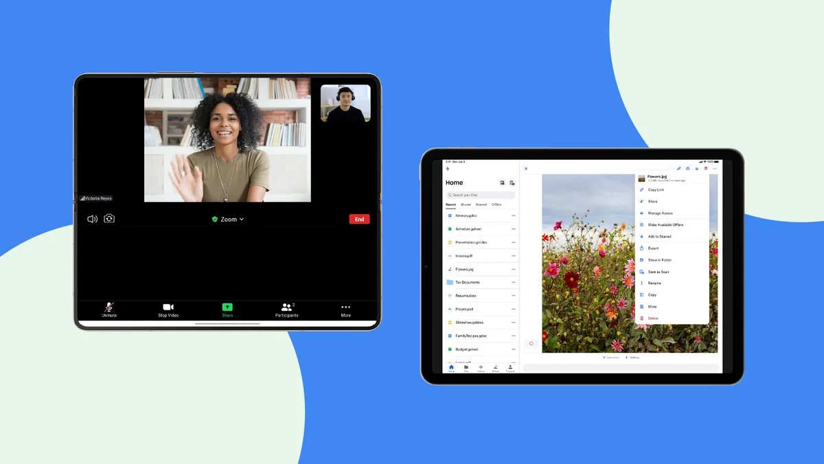 A Zoom meeting is shown on an Android foldable phone, and a photo of a flower is shown on Dropbox on an Android tablet.
