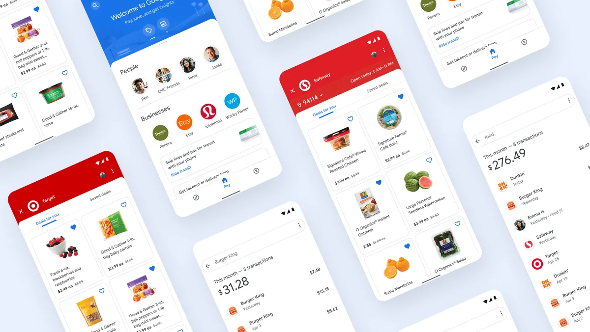 Various Google Pay app screens which show grocery deals at Target and Safeway, the new transit spot in the app, and searches for “food” and “burger king” with transactions that match each search.