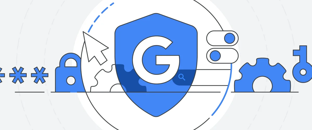 An illustration showing a shield with a ‘G’ at the center of it, alongside icons referring to safety, like a lock and a key.