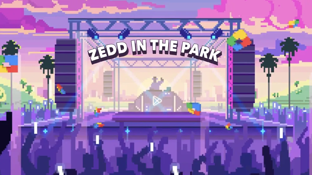 DJ performing on stage, crowd below. "Zedd in the Park" and Google Play logo visible