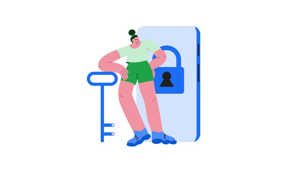 An illustration of a person leaning against a large key on the backdrop of a large phone containing a lock.