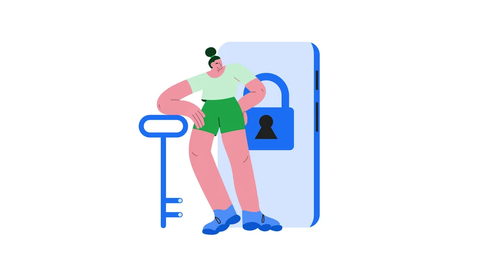 An illustration of a person leaning against a large key on the backdrop of a large phone containing a lock.