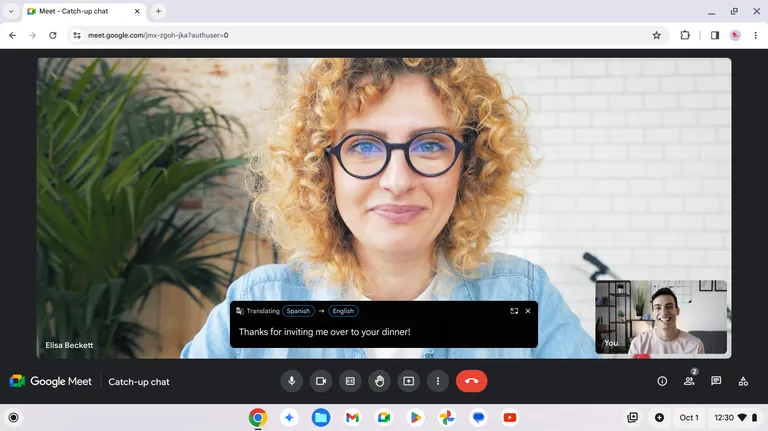 Image of someone using Live Translate in Google Meet to translate a greeting from Spanish to English.