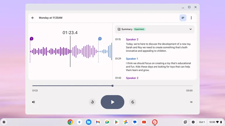 Image of the Recorder app used to capture meeting notes from two different speakers.