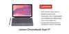 Front-view image of the new convertible Lenovo Chromebook Duet 11 with the Lenovo USI Pen 2. On the right specs are listed including: 10.95” WUXGA display, touchscreen, up to 8GB RAM and 128GB storage.