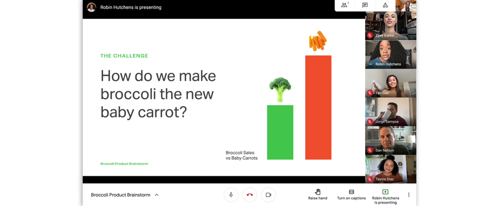 Une réunion Google Meet avec une présentation de diapositives sur le brocoli et les petites carottes.