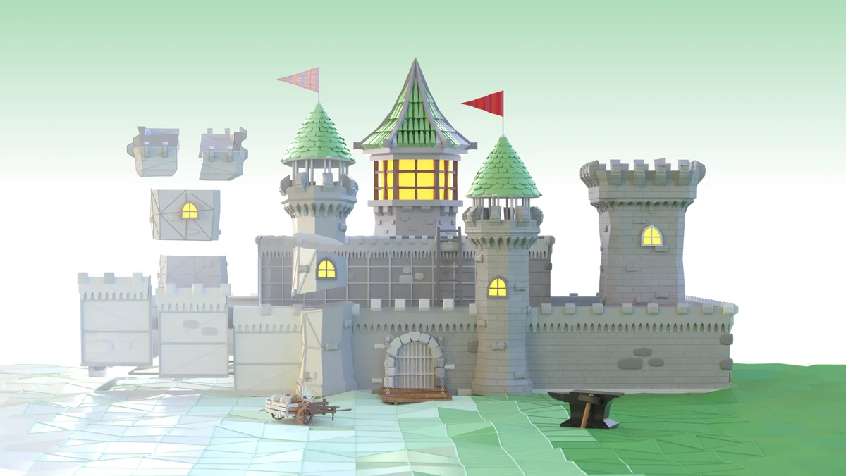 Illustration of green game world castle being constructed with building blocks falling in place.