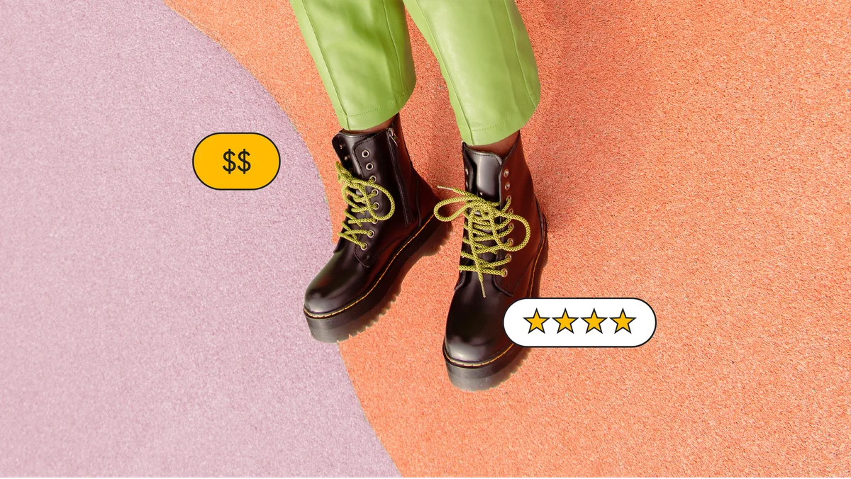 A pair of boots against a pink and orange background overlaid with dollar signs and four stars.