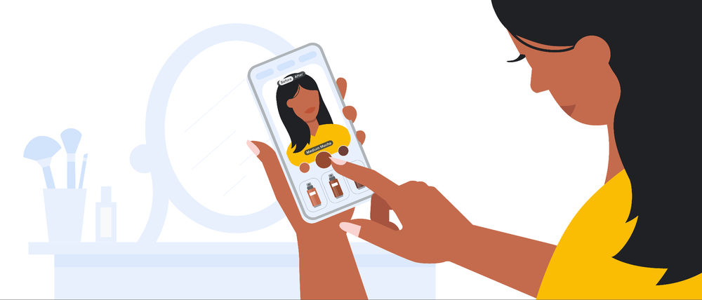 Illustration of a woman using a phone to scroll through foundation shades on a model.