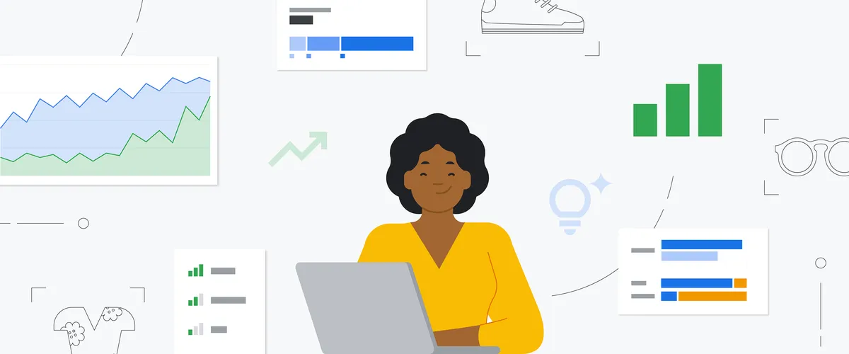 Illustration of a woman behind a laptop, with analytics graphics floating around her, including various charts and product icons