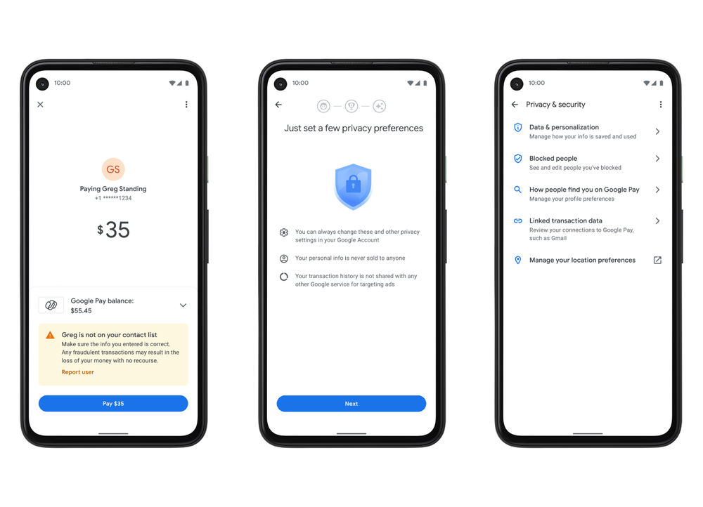 Privacy and security settings within Google Pay