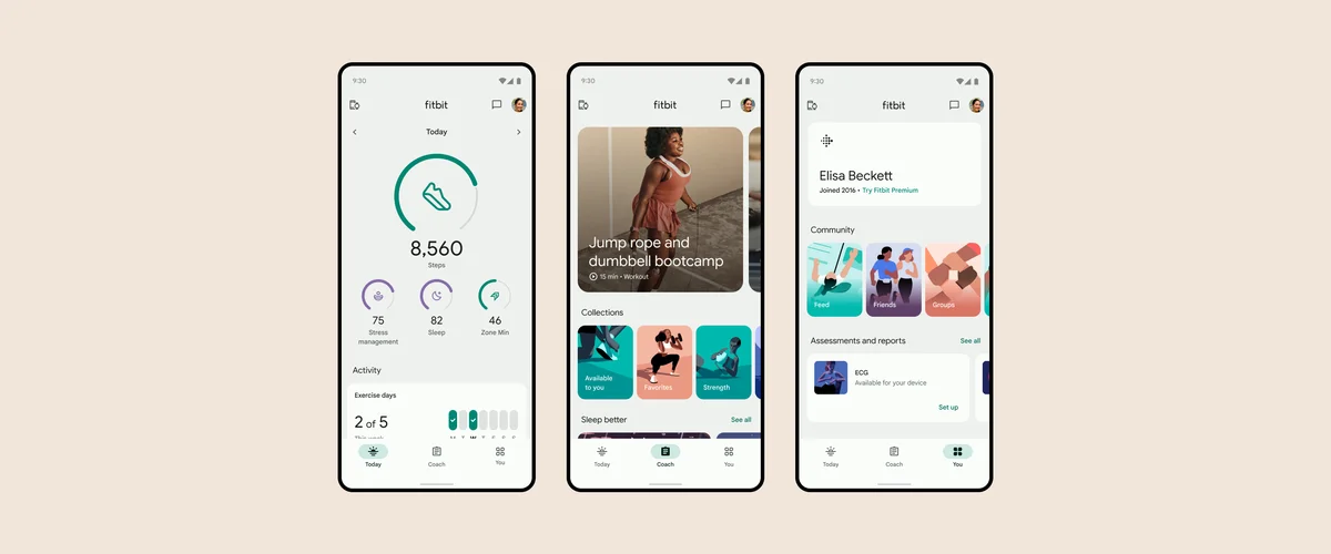 Visuals of the three new surfaces of the Fitbit app — Today, Coach and You — with descriptions for each surface.