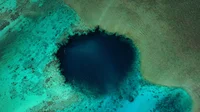 An aerial image of a dark blue hole surrounded by lighter water.