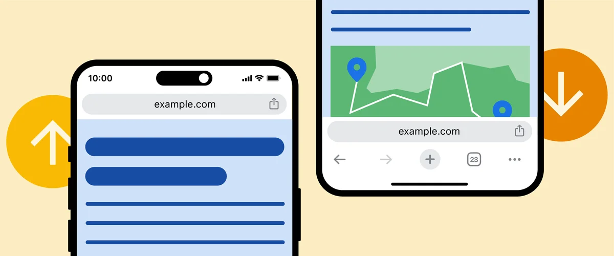 Illustration of two iPhones side by side. The left shows the Chrome address bar placed at the top of the phone screen. The right shows the address bar placed on the bottom of the phone screen.