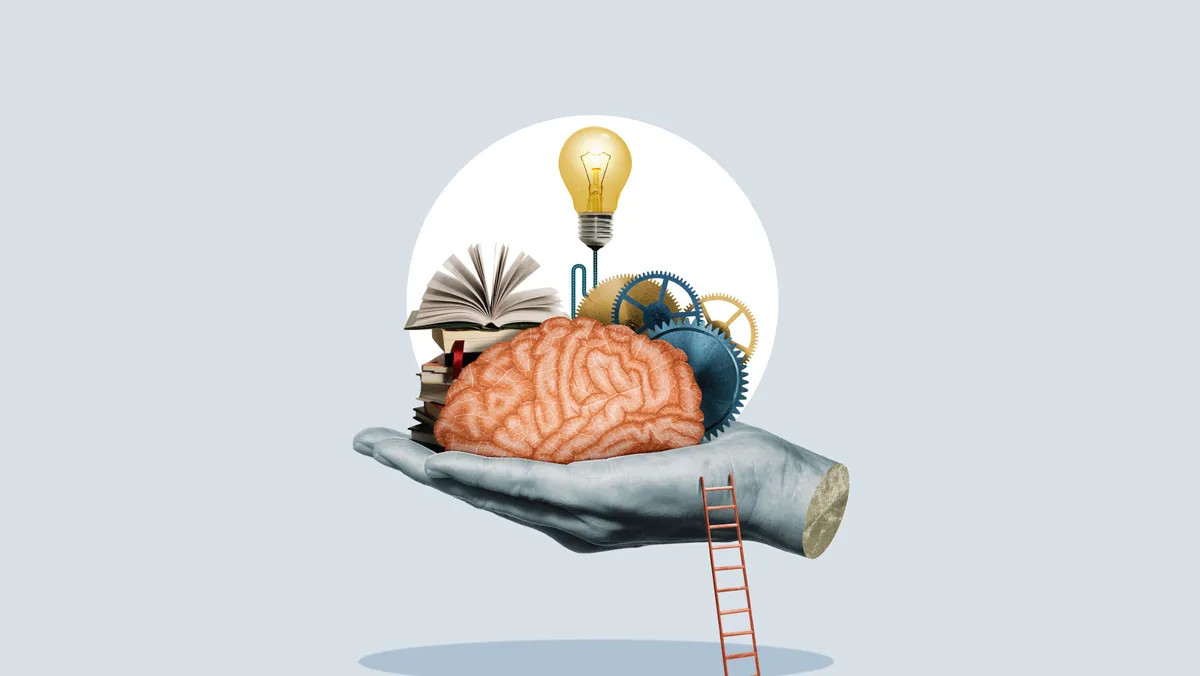 Composite image of items like a ladder, lightbulb, book and hand holding a brain, in a white spotlight against a gray background