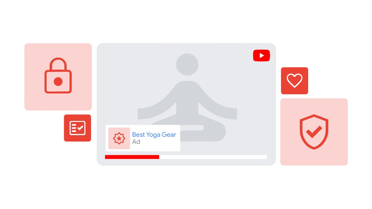 eries of icons that indicate responsible advertising, including a lock, a checkmark, and a heart. All surrounding a simple representation of a person doing yoga in a YouTube video.