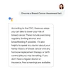 A graphic shows someone asking Google Assistant for a Breast Cancer Awareness fact, followed by a response referencing the CDC’s guidance to lower one’s risk of breast cancer.