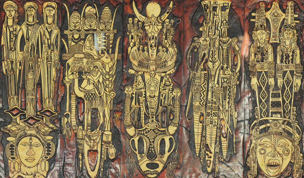 An ivory etching in hues of cream, gold and dark red. Cream figures including horned animals, skeletons and female forms take up most of the frame and are surrounded by dark red and black pigment.