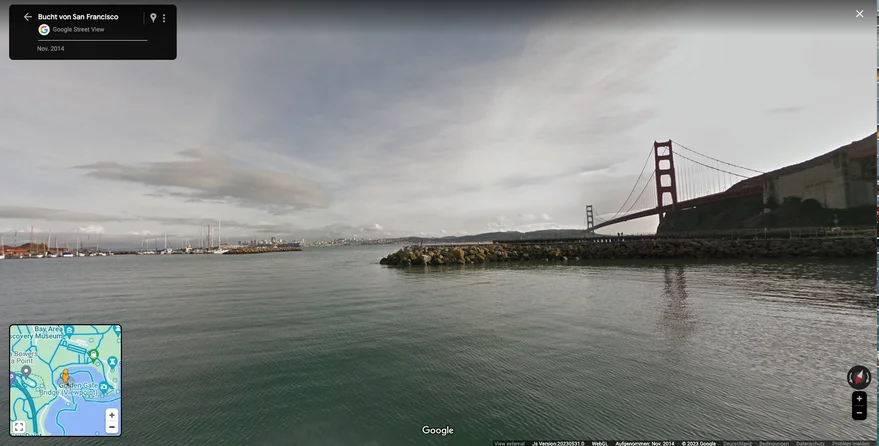 Eine Street View-Aufnahme, welche die Bucht von San Francisco mit der Golden Gate Bridge zeigt.