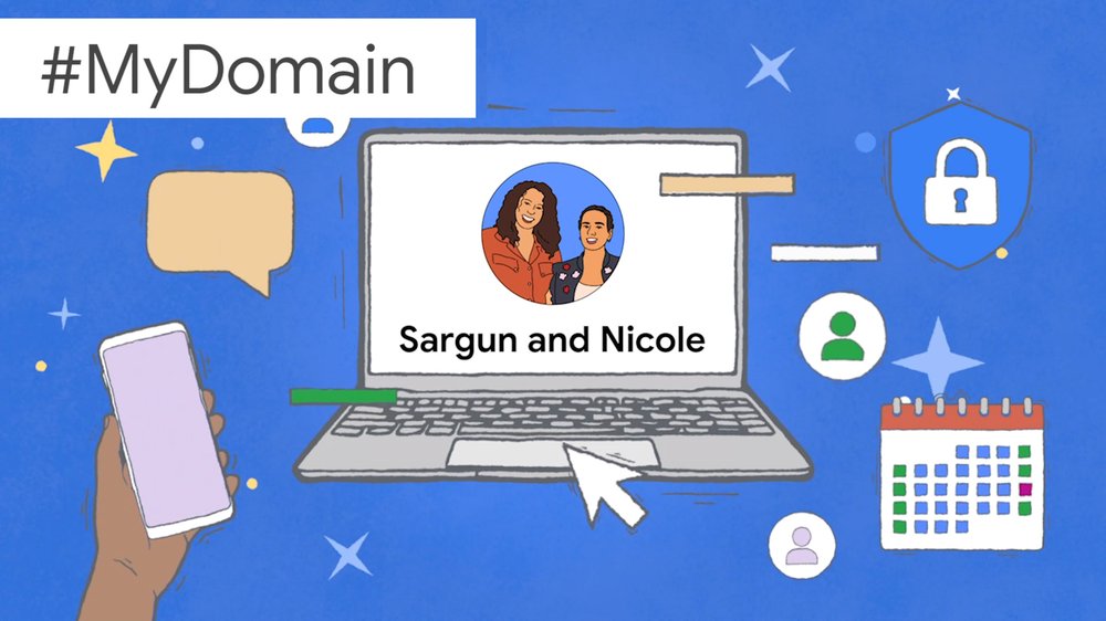 An illustration showing Sargun and Nicole's faces and names on a laptop screen, surrounded by logos symbolizing productivity.