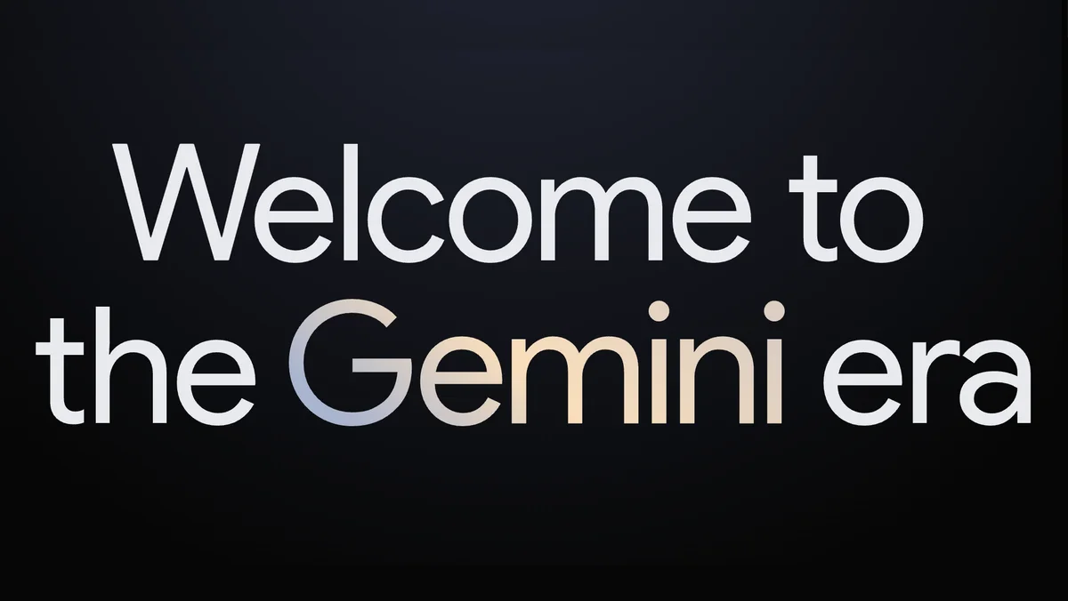 Weißer Schriftzug "Welcome to the Gemini era" auf Schwarzem Hintergrund