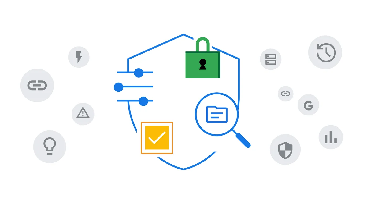 Illustration of a shield with a lock and checkmark, surrounded by icons from Chrome's safety UI