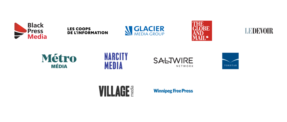 An image showing the logos of some of our News Showcase partners in Canada including Les coops de l’Information, Le Devoir and Torstar, Black Press Media, Glacier Media, The Globe and Mail, Métro Média, Narcity Media, Saltwire Network, Village Media and Winnipeg Free Press