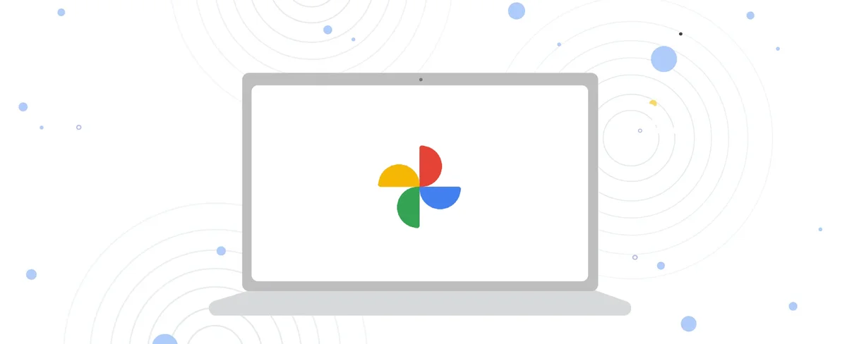 Illustrated image of a Chromebook with the Google Photos logo.