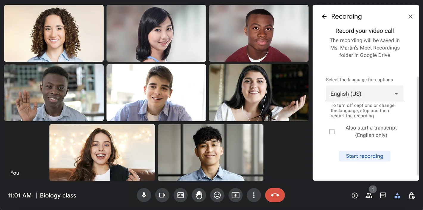 A video call in Meet with a side panel showing the option to record and select a language for captions.