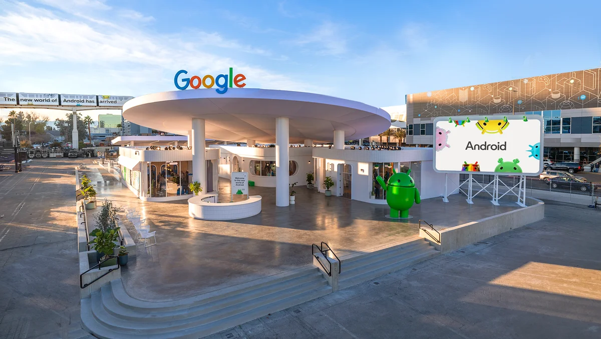 Photo of the Android experience in the Google booth featuring the Android robot