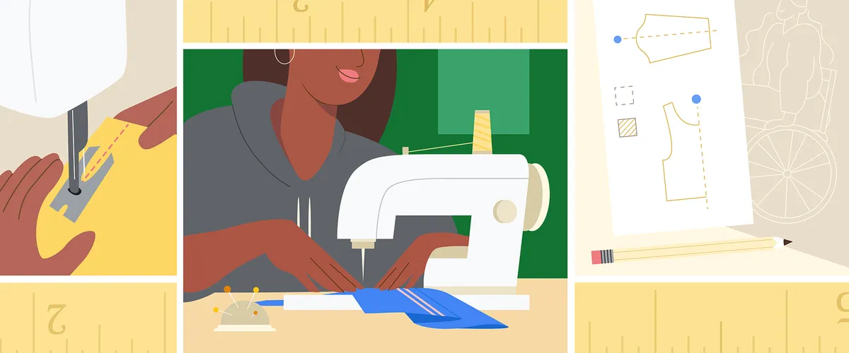 An illustration showing the process of designing and sewing clothes. It includes a black woman using a sewing machine, various fabrics, and fashion sketches with a ruler