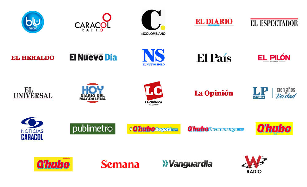 Logos of some of our News Showcase partners in Colombia including: BLU radio, Caracol Radio, El Colombiano, El Diario, El Espectador, El Heraldo, El Nuevo Día, El Nuevo Siglo, El País, El Pilón, El Universal, Hoy Diario del Magdalena, La Crónica del Quindío, La Opinión, La Patria, Noticias Caracol, Publimetro, Q'Hubo Bogotá, Q’Hubo Bucaramanga, QHubo Cali, QHubo Medellín, Semana, Vanguardia and W Radio