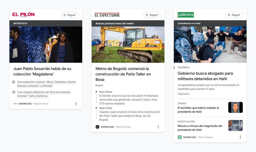 Examples of what story panels look like for people using News Showcase in Colombia.