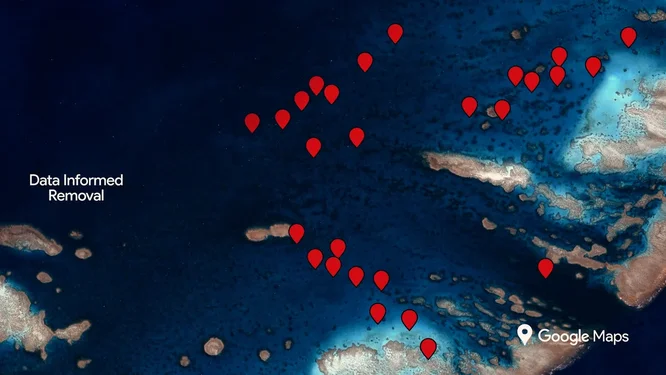 An aerial map of the reef showing where crown-of-thorns-starfish have been detected