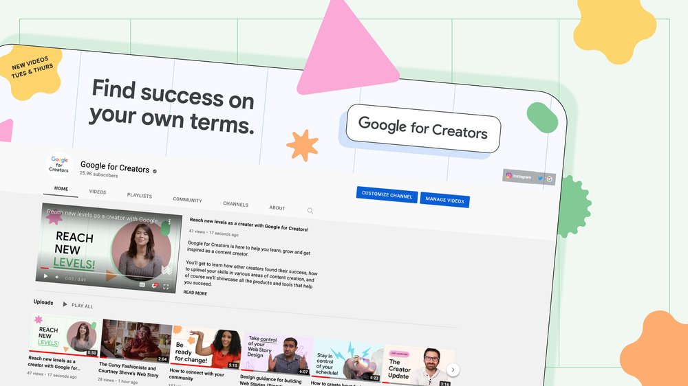 A stylized screenshot of the Google for Creators YouTube Channel homepage is set askew on a page with colorful shapes scattered around the page.