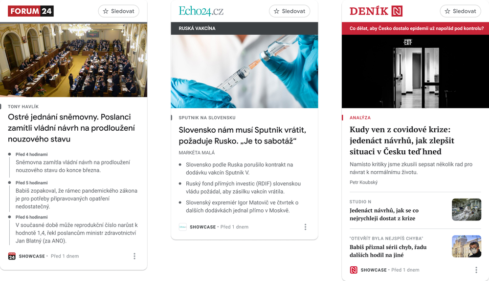 An image of three examples of News Showcase panel layouts from our partners in Czechia that show photos and different ways they can present their news on the product.
