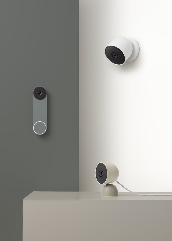 From left to right: Nest Doorbell, Nest Cam (wired), Nest Cam (battery)