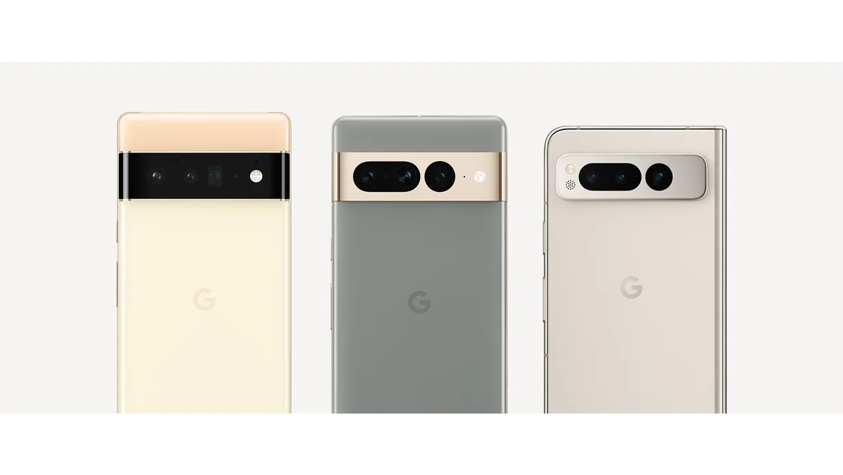 Three Pixel phones in a row. Each one has its back to the camera, showing their camera bars.